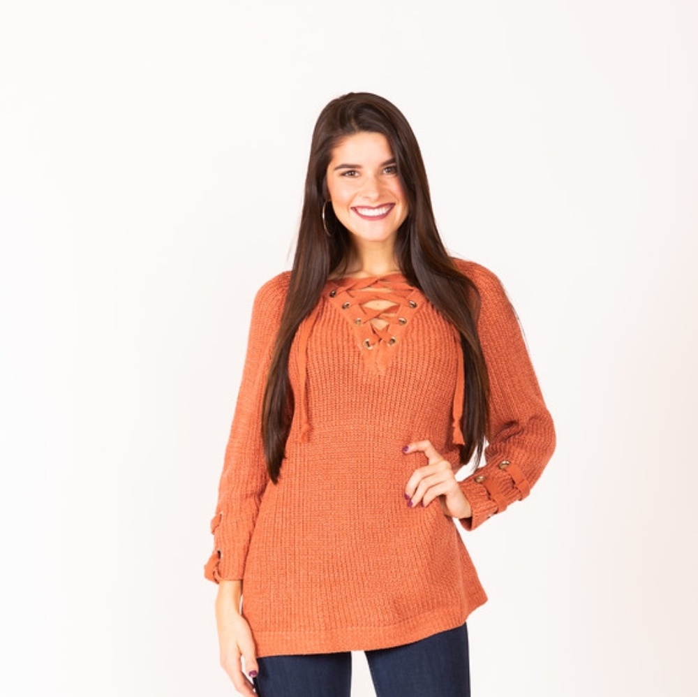 Orange Lace Up Sweater